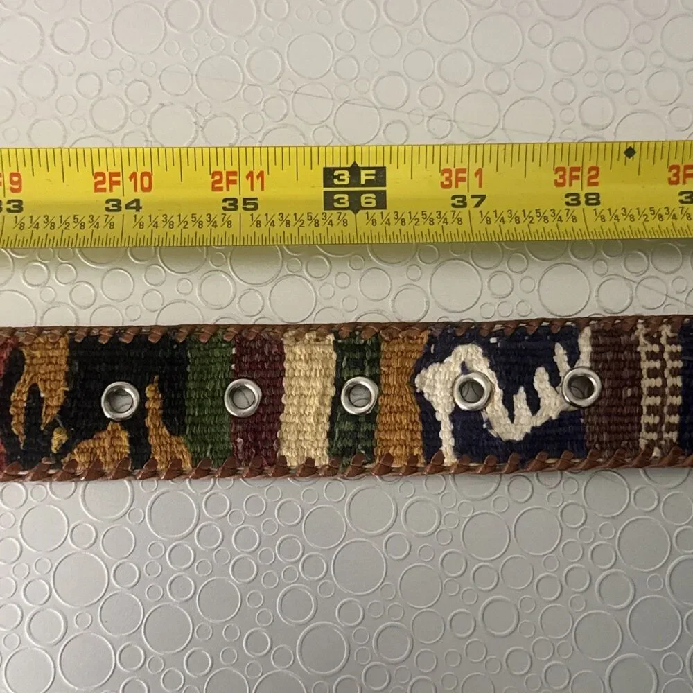 Vintage Handmade Guatemala Woven Belt 36 Cotton Leather Aztec Folk Art